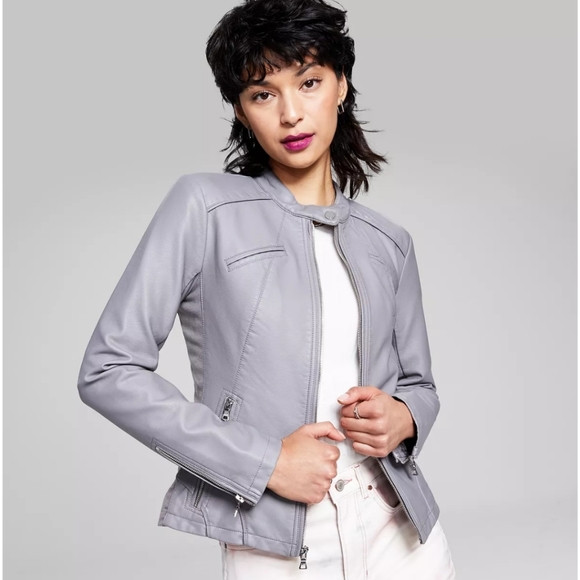 EUC GUESS Women's Faux-Leather Moto Grey Jacket Size Small - Picture 2 of 11